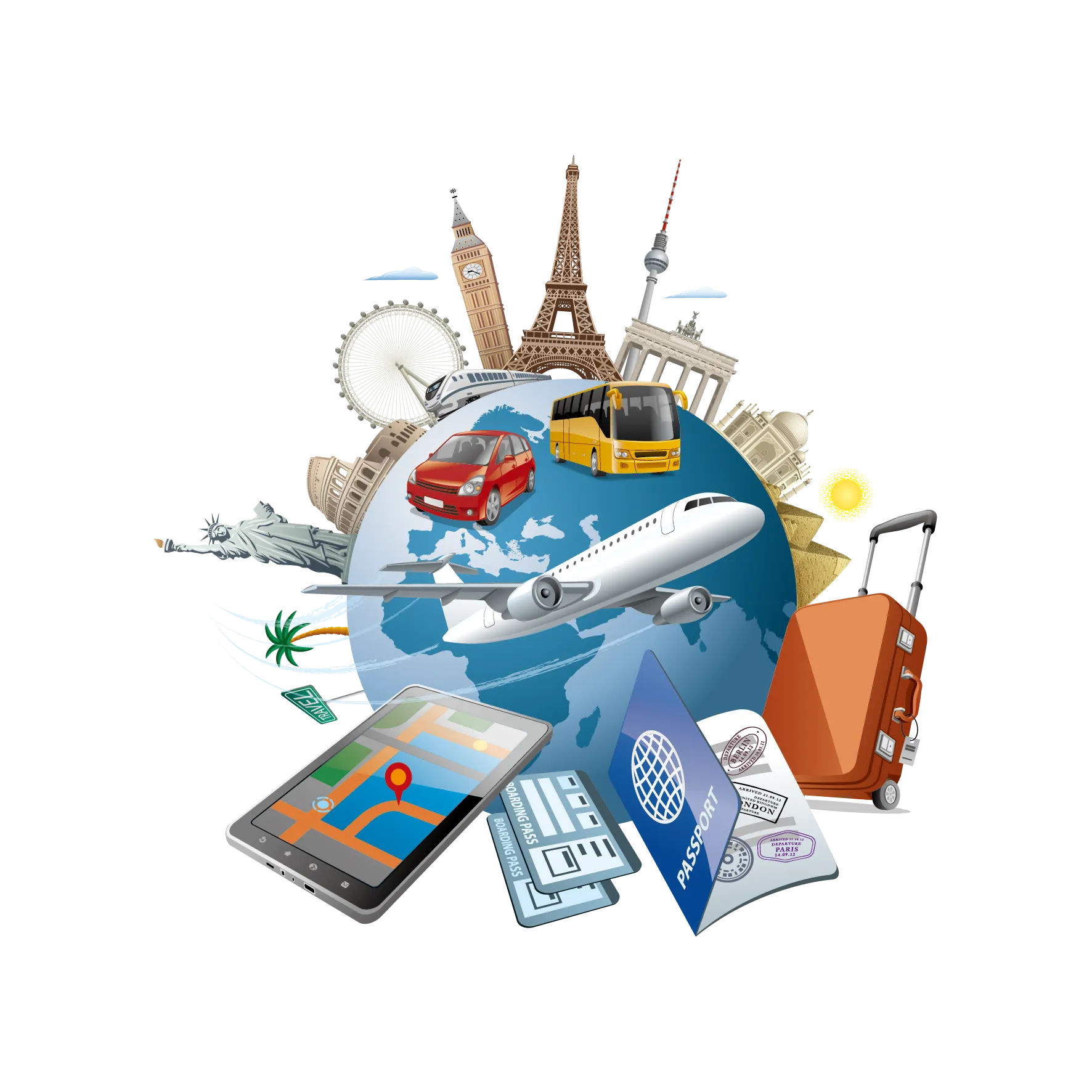 Tourism Travel Illustration, global travel elements, building, happy Birthday Vector Images, world png